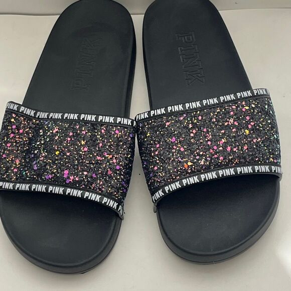 Victoria's Secret PINK Women's Black Purple Glitter Bling Slide Sandal Size 7-8 - Picture 3 of 8